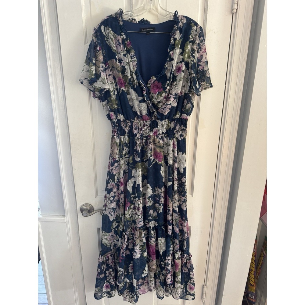 Lane Bryant Womens Dress 18/20 Blue Floral‎ Midi Flutter Sleeve Smocked Waist